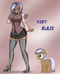 Size: 968x1200 | Tagged: suggestive, artist:fenrox, derpibooru import, oc, oc:ruby blaze, unofficial characters only, human, pegasus, pony, big breasts, breasts, clothes, cute, female, glasses, high heels, humanized, humanized oc, looking at you, mare, miniskirt, necktie, shirt, shoes, skirt, smiling, socks, solo, solo female, thigh highs, vest