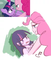 Size: 1171x1377 | Tagged: suggestive, artist:yuck, derpibooru import, pinkie pie, twilight sparkle, twilight sparkle (alicorn), alicorn, pony, equestria girls, fame and misfortune, bedroom eyes, blushing, equestria girls interpretation, female, implied groping, implied nudity, lesbian, looking at each other, mare, scene interpretation, shipping, smiling, twinkie