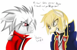 Size: 1332x873 | Tagged: safe, artist:falco9998, derpibooru import, ponified, pony, blazblue, dialogue, glare, grin, jin kisaragi, ragna the bloodedge, smiling