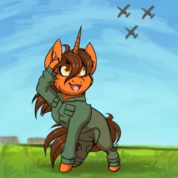 Size: 1024x1024 | Tagged: safe, artist:ombraniwolf, derpibooru import, oc, oc:digital sketch, unofficial characters only, unicorn, chibi, clothes, grass, plane, uniform