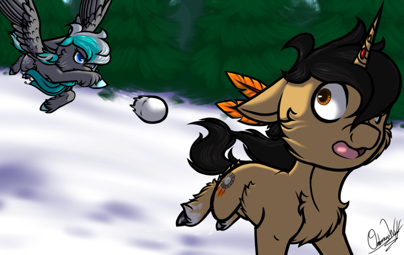 Size: 1900x1200 | Tagged: safe, artist:ombraniwolf, derpibooru import, oc, oc:kyuflake, oc:mooncatcher, unofficial characters only, pegasus, pony, unicorn, snow, snowball, snowball fight