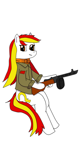 Size: 1836x3264 | Tagged: safe, artist:goldendays, derpibooru import, oc, oc:akilina, unofficial characters only, pony, clothes, gun, looking at you, ppsh-41, rolled up sleeves, simple background, soviet, submachinegun, uniform, weapon, white background