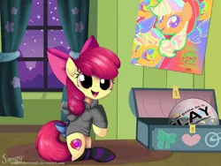 Size: 2000x1500 | Tagged: safe, artist:songbirdserenade, derpibooru import, apple bloom, earth pony, pony, adorabloom, bedroom, bow, clothes, curtains, cute, hoodie, mismatching socks, poster, socks, solo