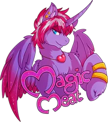 Size: 2336x2647 | Tagged: safe, artist:dogi-crimson, derpibooru import, oc, oc:magic meat, unofficial characters only, alicorn, pony, alicorn oc, badge, bracelet, colored wings, gradient wings, jewelry, male, necklace, solo