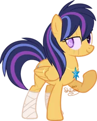 Size: 400x502 | Tagged: safe, artist:shiiazu, derpibooru import, oc, oc:nova star sparkle, unofficial characters only, pegasus, pony, bandage, base used, blind, blind eye, colored pupils, cutie mark, element of magic, female, jewelry, mare, necklace, next generation, offspring, parent:flash sentry, parent:twilight sparkle, parents:flashlight, ring, royal guard, scar, shield, simple background, solo, transparent background