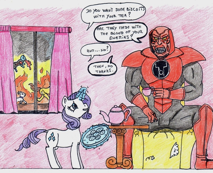 Size: 1183x961 | Tagged: safe, artist:kuroneko, derpibooru import, opalescence, rarity, cat, pony, unicorn, atrocitus, biscuits, crossover, cup, dc comics, dex-starr, fire, magic, red lantern, table, teacup, teapot, traditional art