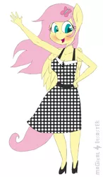 Size: 1260x2164 | Tagged: anthro, artist:magical disaster, big breasts, breasts, clothes, derpibooru import, dress, fluttershy, happy, high heels, multiple variants, open mouth, safe, shoes, unmoving plaid, waving, wind, windy
