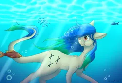 Size: 1280x876 | Tagged: safe, artist:lastaimin, derpibooru import, oc, unofficial characters only, earth pony, fish, pony, female, mare, solo, swimming, underwater