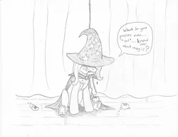 Size: 3304x2552 | Tagged: safe, artist:friendshipishorses, derpibooru import, trixie, pony, unicorn, abuse, atg 2017, cape, clothes, crying, female, food, hat, high res, mare, monochrome, newbie artist training grounds, sitting, solo, tomato, trixie's cape, trixie's hat, trixiebuse, underhoof