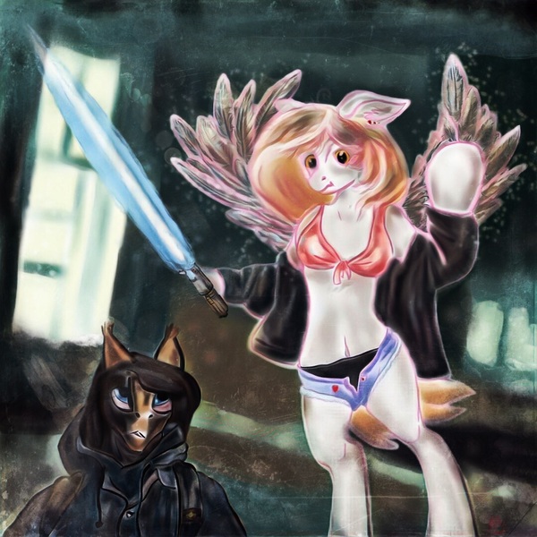 Size: 1080x1080 | Tagged: anthro, artist:rupony, black underwear, breasts, cleavage, clothes, derpibooru import, derpy hooves, hoodie, jacket, lightsaber, open fly, panties, pants, safe, star wars, underwear, wardrobe malfunction, weapon