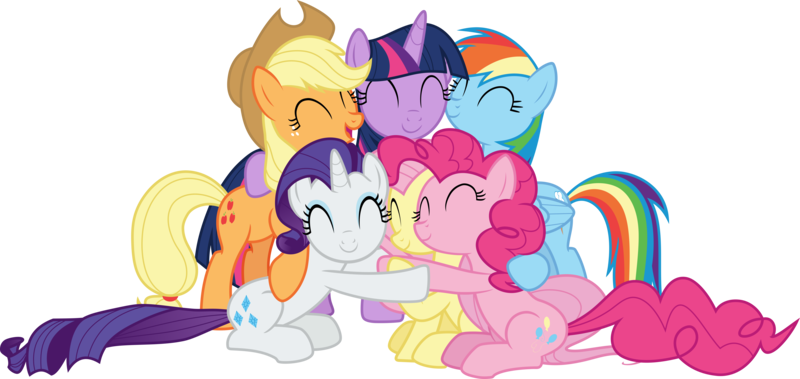 Size: 10828x5124 | Tagged: safe, artist:kayman13, artist:pink1ejack, derpibooru import, applejack, fluttershy, pinkie pie, rainbow dash, rarity, twilight sparkle, twilight sparkle (alicorn), alicorn, earth pony, pegasus, pony, unicorn, fame and misfortune, absurd resolution, eyes closed, female, group hug, hug, mane six, mare, simple background, smiling, transparent background, vector