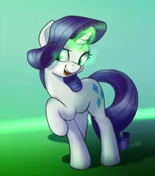 Size: 700x800 | Tagged: safe, artist:klemm, derpibooru import, rarity, pony, unicorn, inspiration manifestation, atg 2017, female, glowing horn, green, inspirarity, mare, newbie artist training grounds, open mouth, possessed, raised hoof, simple background, smiling, solo