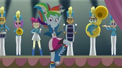 Size: 1400x777 | Tagged: safe, deleted from derpibooru, derpibooru import, screencap, majorette, rainbow dash, sweeten sour, equestria girls, friendship games, background human, chs rally song