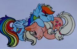 Size: 3229x2080 | Tagged: safe, artist:mlpshimmysunshine123, derpibooru import, applejack, rainbow dash, pony, appledash, female, lesbian, shipping, traditional art