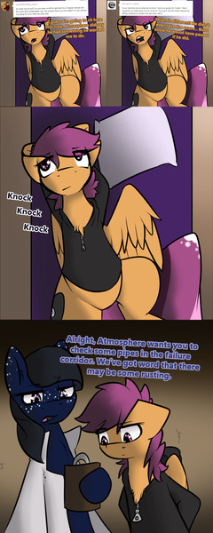 Size: 1500x3750 | Tagged: safe, artist:conmanwolf, derpibooru import, scootaloo, oc, oc:cylestea, pony, ask factory scootaloo, fanfic:rainbow factory, bed, blanket, clothes, comic, factory scootaloo, knocking, lab coat, pillow