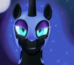 Size: 1208x1060 | Tagged: safe, artist:stillwaterspony, derpibooru import, nightmare moon, alicorn, pony, atg 2017, female, glowing eyes, mare, moon, newbie artist training grounds, smiling, smirk, solo