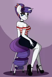 Size: 800x1189 | Tagged: anthro, artist:sweetfilthyfun, beautiful, choker, clothes, derpibooru import, ear piercing, earring, headband, high heels, jewelry, legs, looking at you, looking back, makeup, piercing, pinup, plantigrade anthro, rarity, rockabilly, safe, shoes, skirt, solo