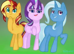 Size: 1378x1003 | Tagged: safe, artist:ttkitty441, derpibooru import, starlight glimmer, sunset shimmer, trixie, pony, unicorn, colored pupils, counterparts, female, gradient background, looking at you, mare, newbie artist training grounds, raised hoof, smiling, smirk, smug, trio, twilight's counterparts