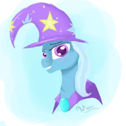 Size: 1500x1496 | Tagged: safe, artist:mahexa, deleted from derpibooru, derpibooru import, trixie, pony, unicorn, bust, cape, clothes, colored pupils, female, gradient background, grin, hat, looking at you, mare, newbie artist training grounds, portrait, scar, signature, smiling, solo, trixie's cape, trixie's hat