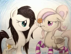 Size: 1024x784 | Tagged: safe, artist:thefriendlyelephant, derpibooru import, oc, oc:coconut cake, oc:cuddle bug, unofficial characters only, pegasus, pony, clothes, cute, duo, flower, flower in hair, ponytail, socks, striped socks, traditional art