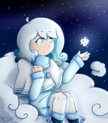 Size: 1983x2267 | Tagged: artist:aniluap-mcmelody, blind, clothes, cloud, coat, derpibooru import, female, human, humanized, humanized oc, night, oc, oc:snowdrop, safe, snow, snowfall, solo, unofficial characters only