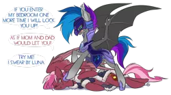 Size: 1280x710 | Tagged: safe, artist:kez, derpibooru import, oc, oc:lyssa, oc:zeny, unofficial characters only, bat, bat pony, pegasus, pony, angry, argument, armor, clothes, collar, dialogue, duo, duo female, eye contact, fangs, female, fight, helmet, looking at each other, mare, multicolored hair, night guard, open mouth, poking, ragnarok online, simple background, sisters, speech bubble, spread wings, talking, trampling, transparent background, wings