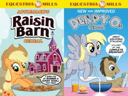 Size: 1024x768 | Tagged: safe, artist:tim-kangaroo, derpibooru import, applejack, derpy hooves, doctor whooves, time turner, pony, cereal, dialogue, exploitable meme, food, juice, meme, milk, muffin, parody, poster, raisin bran, spilled milk, updated, waffle