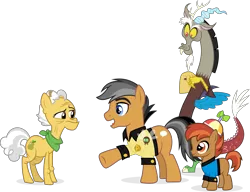 Size: 11388x8730 | Tagged: safe, artist:punzil504, derpibooru import, button mash, discord, grand pear, quibble pants, draconequus, earth pony, parasprite, pony, absurd resolution, colt, looking at each other, male, simple background, smiling, stallion, star trek, transparent background, vector
