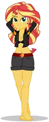 Size: 1600x4000 | Tagged: suggestive, artist:tiredbrony, derpibooru import, sunset shimmer, equestria girls, absurd resolution, barefoot, bedroom eyes, belly button, bra, breasts, cleavage, clothes, feet, female, looking at you, sexy, shorts, show accurate, simple background, solo, solo female, stupid sexy sunset shimmer, transparent background, underwear, vector