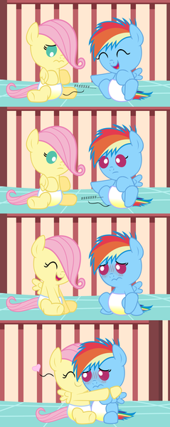 Size: 1251x3144 | Tagged: questionable, artist:babyshy, derpibooru import, fluttershy, rainbow dash, pony, baby, baby dash, baby pony, babyshy, blushing, comic, crib, diaper, embarrassed, female, flutterdash, heart, hug, laughing, lesbian, pissing, shipping, urine, wet diaper, wetting