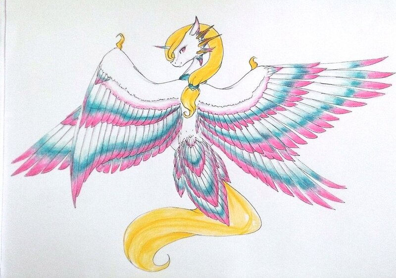 Size: 1024x720 | Tagged: safe, artist:oneiria-fylakas, derpibooru import, oc, oc:aora, unofficial characters only, alicorn, pony, seraph, seraphicorn, female, mare, multiple wings, solo, spread wings, tail feathers, traditional art, wings