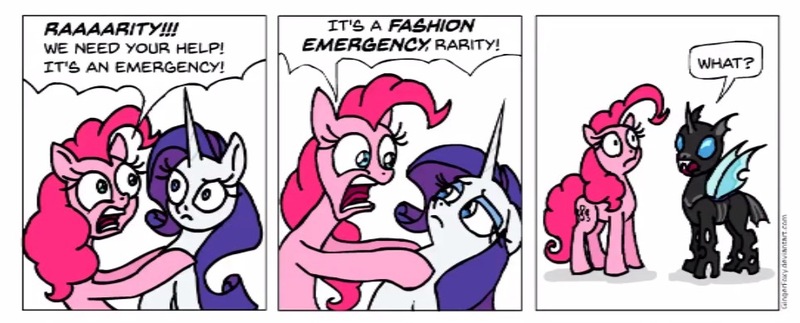 Size: 964x389 | Tagged: safe, artist:gingerfoxy, derpibooru import, pinkie pie, rarity, changeling, earth pony, pony, unicorn, pony comic generator, comic, dialogue, disguise, disguised changeling, female, mare, simple background, speech bubble, white background