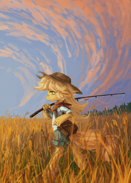 Size: 1259x1761 | Tagged: anthro, applejack, artist:koviry, clothes, cowboy hat, derpibooru import, female, field, fishing, fishing rod, freckles, grass field, hat, safe, scenery, shorts, solo, stetson, walking