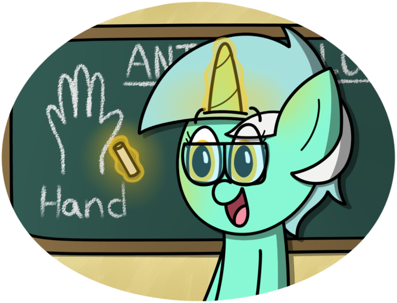 Size: 880x673 | Tagged: safe, artist:techreel, derpibooru import, lyra heartstrings, pony, unicorn, fanfic:anthropology, chalk, chalkboard, glasses, glowing horn, hand, humie, magic, simple background, solo, telekinesis, that pony sure does love hands, transparent background