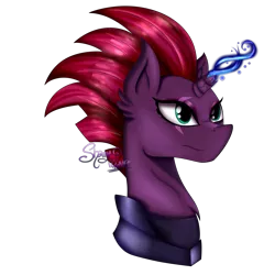 Size: 2700x2700 | Tagged: safe, artist:shamy-crist, derpibooru import, tempest shadow, pony, unicorn, my little pony: the movie, broken horn, bust, eye scar, female, high res, magic, mare, portrait, scar, sidemouth, simple background, solo, sparking horn, transparent background