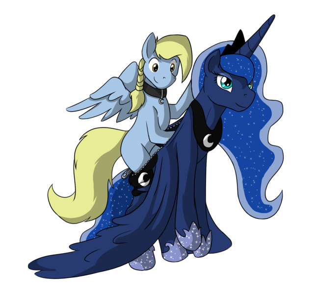 Size: 1680x1560 | Tagged: safe, artist:naughtycatnick, derpibooru import, princess luna, oc, oc:windswept skies, alicorn, pegasus, pony, braid, charm, clothes, collar, costume, image, in process, male, png, ponysuit, raffle prize, request, shading, simple background, smiling, stallion, suit, suiting up, transparent background