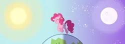 Size: 1280x450 | Tagged: safe, artist:grievousfan, derpibooru import, pinkie pie, pony, eyes closed, moon, planet, plushie, smiling, solo, sun, trotting, ty