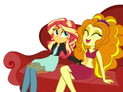 Size: 1024x768 | Tagged: dead source, safe, artist:wubcakeva, derpibooru import, adagio dazzle, sunset shimmer, equestria girls, belly button, bellyrubs, clothes, commission, female, lesbian, midriff, shipping, sunsagio