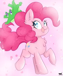 Size: 5000x6000 | Tagged: safe, artist:meowmavi, derpibooru import, gummy, pinkie pie, earth pony, pony, absurd resolution, cute, diapinkes, female, looking back, mare, mouth hold, open mouth, raised hoof, smiling