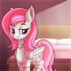 Size: 2000x2000 | Tagged: suggestive, artist:anti1mozg, derpibooru import, oc, oc:cherished song, unofficial characters only, pegasus, pony, bed, bedroom, bedroom eyes, choker, clothes, commission, jewelry, lingerie, looking at you, necklace, socks, solo, ych result