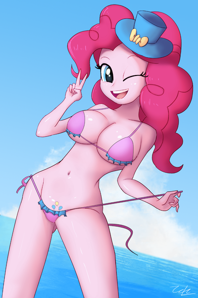 Size: 845x1267 | Tagged: suggestive, artist:zelc-face, derpibooru import, pinkie pie, equestria girls, absolute cleavage, alternative cutie mark placement, beach babe, belly button, bicolor swimsuit, bikini, bikini babe, breasts, busty pinkie pie, cleavage, clothes, cloud, crotchmark, cutie mark, cutie mark on equestria girl, female, frilled swimsuit, hat, long hair, one eye closed, peace sign, pink hair, pink swimsuit, playful, seductive look, seductive pose, sexy, side-tie bikini, sky, smiling, solo, solo female, string bikini, stupid sexy pinkie, swimsuit, teasing, underass, underboob, undressing, water, wink, zelc-face's swimsuits