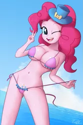 Size: 845x1267 | Tagged: suggestive, artist:zelc-face, derpibooru import, pinkie pie, equestria girls, absolute cleavage, alternative cutie mark placement, beach babe, belly button, bicolor swimsuit, bikini, bikini babe, breasts, busty pinkie pie, cleavage, clothes, cloud, crotchmark, cutie mark, cutie mark on equestria girl, female, frilled swimsuit, hat, long hair, one eye closed, peace sign, pink hair, pink swimsuit, playful, seductive look, seductive pose, sexy, side-tie bikini, sky, smiling, solo, solo female, string bikini, stupid sexy pinkie, swimsuit, teasing, underass, underboob, undressing, water, wink, zelc-face's swimsuits