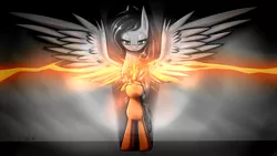 Size: 3840x2160 | Tagged: safe, artist:phenya, derpibooru import, oc, oc:energy burst, oc:ombra, unofficial characters only, pegasus, pony, unicorn, appearance, bright, dark, dark background, eyes closed, gray, green eyes, light, lighting, orange light, orange lighting, shadow, spread wings, wings