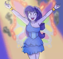 Size: 3346x3121 | Tagged: suggestive, artist:sumin6301, derpibooru import, rarity, a photo booth story, eqg summertime shorts, equestria girls, armpits, awkward, big breasts, breasts, busty rarity, cleavage, clothes, dress, fall formal outfits, female, glimmer wings, open mouth, smiling, solo, solo female, this will end in fire