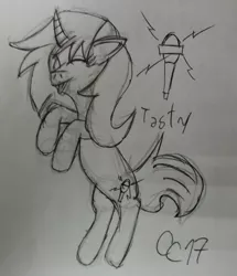 Size: 2075x2410 | Tagged: safe, artist:carloscreations, derpibooru import, oc, oc:tasty frequency, unofficial characters only, pony, unicorn, curved horn, drawing, female, mare, microphone, monochrome, simple background, solo, tongue out, traditional art, white background