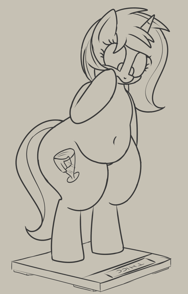 Size: 558x872 | Tagged: safe, artist:andelai, derpibooru import, oc, oc:celice, unofficial characters only, semi-anthro, unicorn, belly button, bipedal, chubby, concerned, fat, female, lineart, mare, monochrome, need to go on a diet, need to lose weight, scale, simple background, solo, weight woe, wide hips