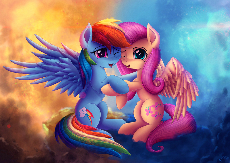 Size: 3000x2125 | Tagged: safe, artist:atlas-66, derpibooru import, fluttershy, rainbow dash, pony, fame and misfortune, cute, dashabetes, duo, female, friendshipping, hug, looking at you, mare, scene interpretation, shyabetes, smiling