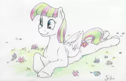 Size: 1683x1081 | Tagged: safe, artist:silfoe, derpibooru import, blossomforth, pegasus, pony, :t, adoraforth, commission, cute, female, flower, grass, looking at something, mare, prone, smiling, solo, sploot, traditional art, underhoof, wing fluff
