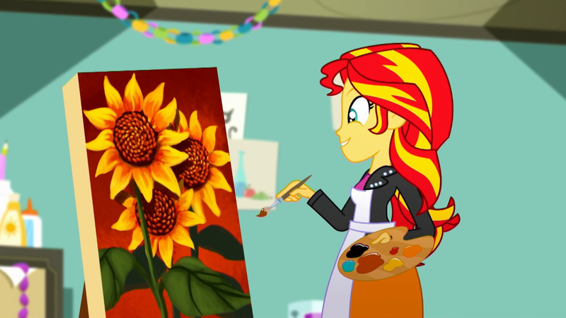 Size: 1280x720 | Tagged: safe, derpibooru import, screencap, sunset shimmer, eqg summertime shorts, equestria girls, the art of friendship, apron, brush, clothes, easel, happy, paint, painting, smiling, solo, sunflower, sunset's painting