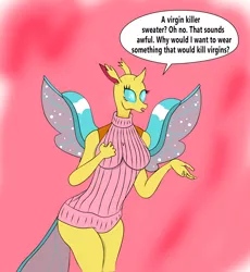 Size: 2694x2933 | Tagged: anthro, anthro oc, artist:kirbymlp, backless, big breasts, breasts, changedling, changedling oc, changeling, changeling oc, clothes, derpibooru import, oc, oc:ember shield, open-back sweater, sexy, sleeveless sweater, suggestive, sweater, unofficial characters only, virgin killer sweater
